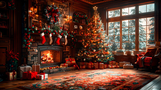 Cozy holiday living room with decorated christmas tree and fireplace