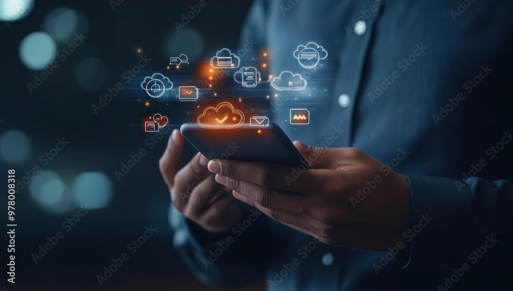 Wall mural digital cloud computing concept with mobile device