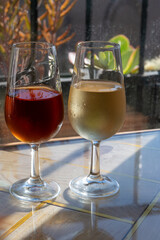 Sherry fino, manzanilla, olorosso wine, jerez fortified wine made from palomino white grape served in Jerez de la Frontera, Cadiz, Andalusia, Spain