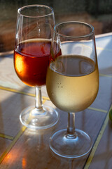 Sherry fino, manzanilla, olorosso wine, jerez fortified wine made from palomino white grape served in Jerez de la Frontera, Cadiz, Andalusia, Spain