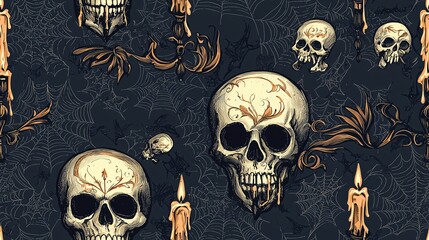 Seamless pattern with skulls, candles, and cobwebs on a dark blue background.
