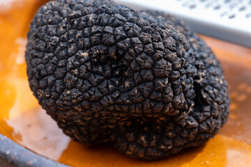 Delicious mushrooms, fresh black summer truffle mushroom and grater for making truffle dishes with...