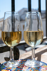 Sherry fino, manzanilla, olorosso wine, jerez fortified wine made from palomino white grape served in Jerez de la Frontera, Cadiz, Andalusia, Spain