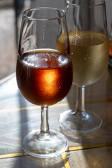 Sherry fino, manzanilla, olorosso wine, jerez fortified wine made from palomino white grape served in Jerez de la Frontera, Cadiz, Andalusia, Spain
