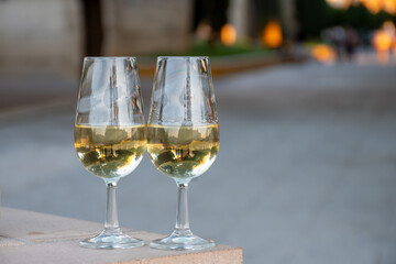 Sherry wine glasses with fino and old bogedas jerez wine cellars on background in Jerez de la Frontera, wine glasses outdoor, cityview, Andalusia, Spain