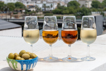 Sherry wine tasting on roof of old Triana district in Sevilla with view on Sevilla houses and churches, wine glasses and tapas