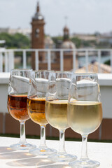 Sherry wine tasting on roof of old Triana district in Sevilla with view on Sevilla houses and...