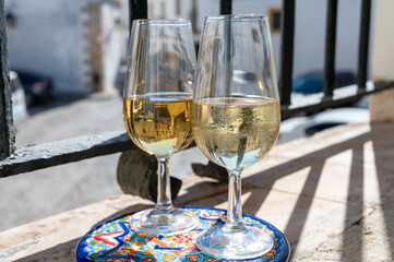 Sherry fino, manzanilla, olorosso wine, jerez fortified wine made from palomino white grape served...
