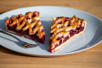 Homemade open sour cherry pie, delicious sweet dessert served in pieces outdoor in garden