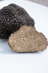 Delicious mushrooms, fresh black summer truffle mushroom in pieces for making truffle dishes with tasty aroma