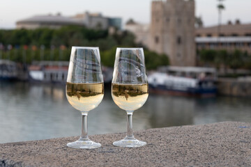 Sherry wine tasting on roof of old Triana district in Sevilla with view on Sevilla houses and...
