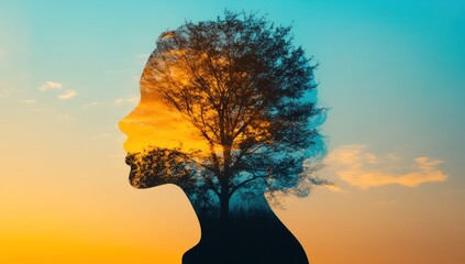 Woman silhouette with tree double exposure at sunset
