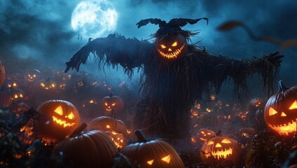 Halloween Scarecrow in Spooky Pumpkin Patch
