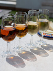 Sherry fino, manzanilla, cream wine tasting on roof of old Triana district in Sevilla with view on Sevilla houses and churches, wine glasses