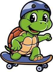 Fototapeta premium Cute Turtle Riding Skateboard Wearing Helmet Fun Playful Illustration for Kids