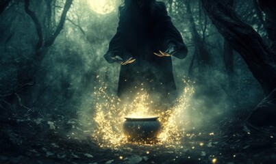 Obraz premium Dark Enchantress Casting Spell in Misty Forest