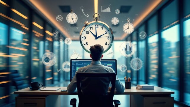 Focus and Productivity at a Modern Workspace With Clocks and Data Visualizations in the Afternoon. Generative AI