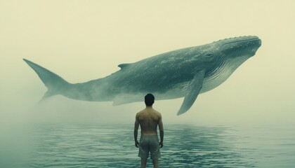 Obraz premium Man Encountering Majestic Whale in Misty Ocean