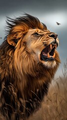 Fototapeta premium Ferocious lion roaring with its mane flowing in the windy savannah