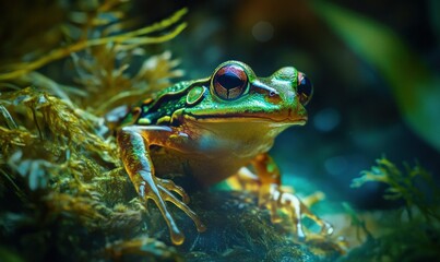 Obraz premium Vibrant Tree Frog on Mossy Ground