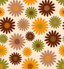 Retro midcentury daisy flowers seamless pattern. Mod jumbo flowers in Retro 70s colors: orange yellow, moss green, dark brown, cream.