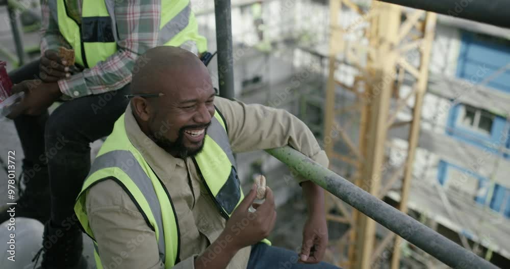 Canvas Prints Team, construction site and men eating on lunch break with smile or funny joke on scaffolding. Workers, food or happy people laughing in conversation or project to relax for real estate development