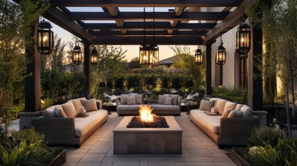 Fototapeta premium Elegant Outdoor Living Space Featuring a Cozy Fire Pit and Plush Seating Surrounded by Lush Gardens. Generative AI