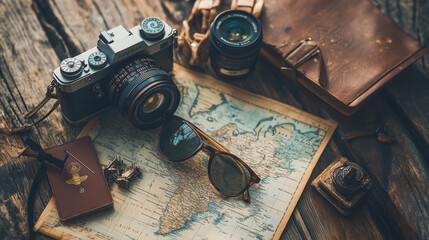 Retro Photography Gear And Travel Passport On Rustic Map Travel Planning Vibes