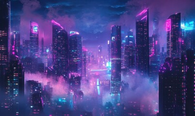 Fototapeta premium Neon-lit Futuristic Cyberpunk Cityscape at Night