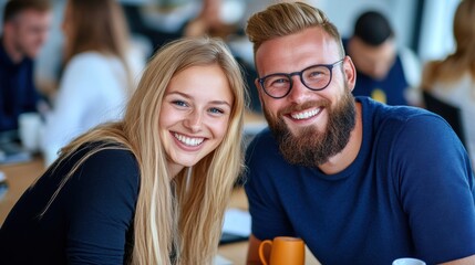 Fototapeta premium A man and woman sitting at a table with coffee cups, AI