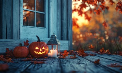 Obraz premium Halloween Pumpkin Lantern on Wooden Porch