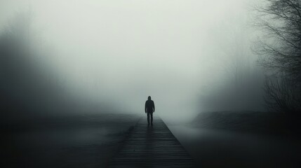 A solitary figure stands on a wooden path in a dense fog, shrouded in mystery.