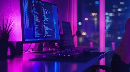 Home office desk with computer screen displaying code