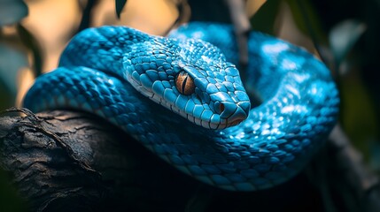 Fototapeta premium Vivid blue pit viper with glowing amber eyes coiled in a dimly lit forest environment showcasing its detailed scales