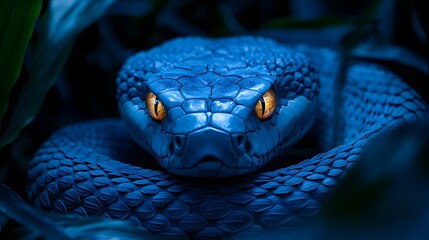 Close-up of a vibrant blue snake coiled with striking yellow eyes in a dark jungle setting