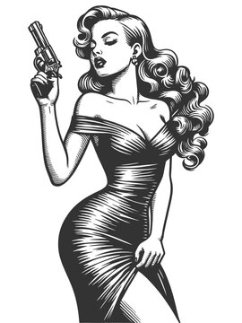 recommend clip art: glamorous pin-up woman in an elegant dress,with a revolver, vintage charm with a femme fatale theme sketch engraving generative ai vector illustration. Scratch board imitation. Black and white image.