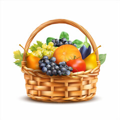 Basket with fruits and vegetables isolated on white. Vector illustration.