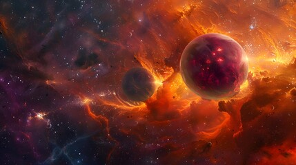 Two glowing planets engulfed in red nebula clouds with stars in the background