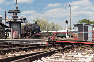Obraz premium Railway turntable at Parowozownia Wolsztyn motive power depot (MPD), a locomotive depot