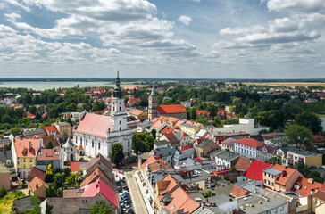 Obraz premium Summer aerial skyline cityscape of Wolsztyn, Greater Poland (Wielkopolska), Poland. Wide panoramic view of the sunny old town