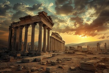 Fototapeta premium Palmyra ruins glow in sunset's golden light