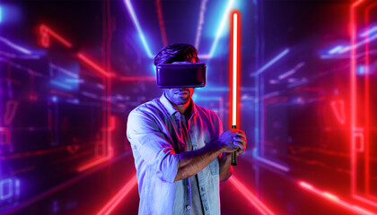 Gamer holding laser sword and playing action game while wearing VR glasses. Caucasian man using visual reality headset while standing and surrounding by neon castle. Innovation technology. Deviation.