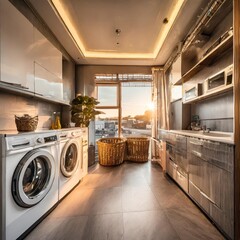 Modern laundry room with sleek appliances and ample storage solutions