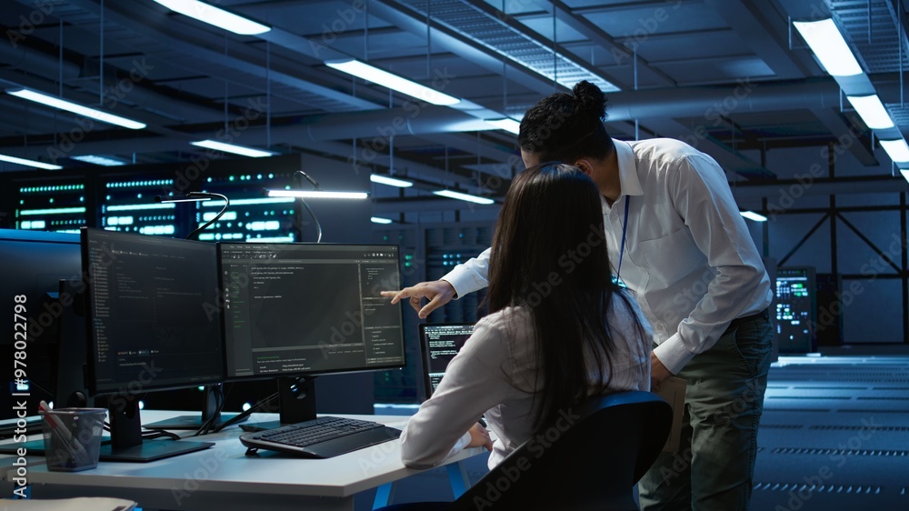 Poster computer scientists in data center managing and maintaining databases, ensuring data integrity and s