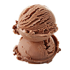 Two scoops of rich chocolate ice cream melting slowly, isolated on a white background