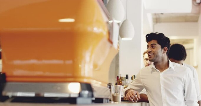 Barista, coffee shop and customer service for drink, menu and people in queue at small business or startup. Happy man, woman at counter talking to cashier at cafe or restaurant for espresso or latte