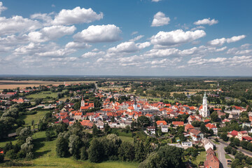 Summer aerial skyline cityscape of Nowe Miasteczko, Nowa Sól County, Lubusz (lubuskie). Wide panoramic view of the old town and market square (Rynek) © uslatar