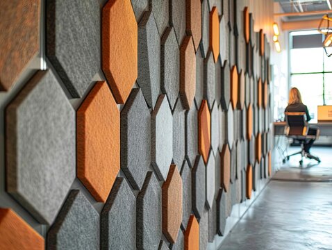 Hexagon felt acoustic panels, modern interior design, soundproofing decor, geometric wall decoration, stylish felt panels for home, acoustic treatment panels