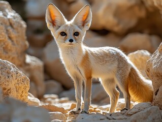 African Fennec Fox Standing Upright in Desert Environment &ndash; Playful and Curious