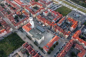 Summer aerial skyline cityscape of Głogów, Lower Silesia (Dolny Śląsk). Wide panoramic view of the old town at sunset